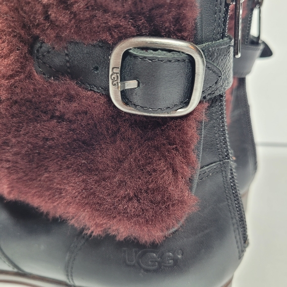 Ugg Inez Black Leather Boots with Wine Cuff - Picture 4 of 8